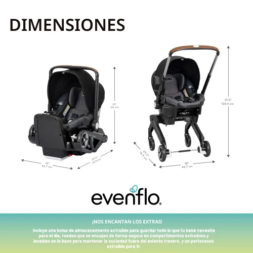 Vista 8 de Evenflo Shyft DualRide Combo de Asiento de Coche Infantil y Cochecito con Almacenamiento Carryall (Gris Boone)