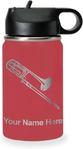 Vista 25 de LaserGram Botella de agua personalizada, trombón, acero inoxidable de doble pared aislada al vacío con popote superior, regalo grabado personalizado