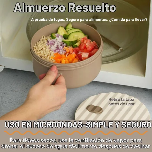 Vista 3 de Tazón de ramen para microondas de 40 onzas, olla de ramen con tapa, regalo de dormitorio universitario, color beige BPA Free