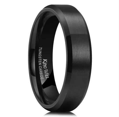 Vista 20 de King Will Anillo de tungsteno para hombres de King Will - Disponible en 6 mm a 10 mm, negro/plata, acabado mate, borde biselado pulido, ajuste