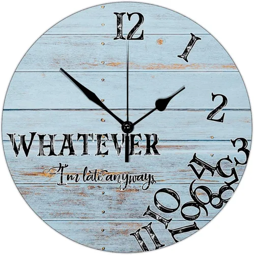 Vista 9 de Reloj de pared de 10 pulgadas, de grano de madera rústica, divertido con texto en inglés "Whatever I'm Late Anyways", reloj de pared vintage