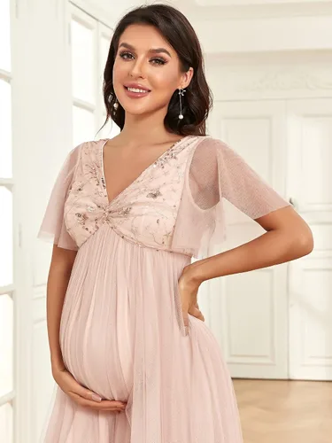 Vista 5 de Ever-Pretty Vestido de maternidad para sesión de fotos de maternidad con cuello en V y lentejuelas plisadas con mangas con volantes para mujer