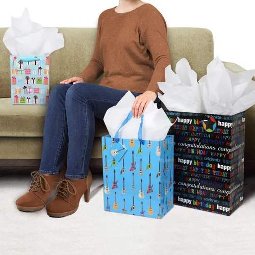 Vista 3 de 12 bolsas de regalo de cumpleaños, grandes, medianas y pequeñas, surtido de bolsas de regalo para niños, niñas, mujeres, hombres (tamaños surtidos)