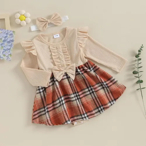 Vista 3 de Maemukilabe Infant Newborn Baby Girl Ruffle Sleeve Dress Romper 2Pcs Tulle Bodysuit Headband Set Christmas Halloween Clothes