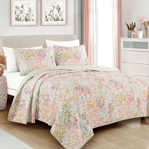Vista 19 de ESCA - Juego de colcha de 3 piezas, tamaño Queen, con estampado de girasoles amarillos reversible, floral negro y verde