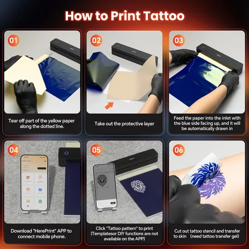 Vista 4 de HPRT Adhesivo térmico portátil Bluetooth para tatuajes, impresora inalámbrica de plantillas de tatuaje con 10 hojas de papel de impresión, tatuajes