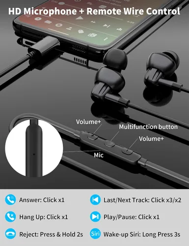 Vista 3 de Auriculares USB C con cable con micrófono para Samsung Galaxy S24/S23/S26/S25