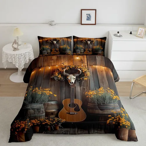 Vista 10 de Castle Fairy Juego de edredón de botas de vaquero, tamaño individual, juego de ropa de cama bohemio con guitarra musical para niños y niños