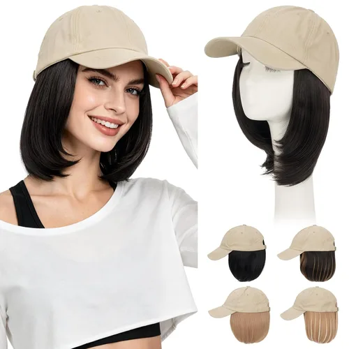 Vista 27 de Hairro Peluca de gorra de béisbol con cabello adjunto, corto estilo Bob ajustable, extensiones de cabello sintético para mujeres, balayage
