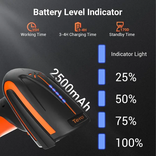 Vista 2 de Tera Escáner de código de barras inalámbrico con soporte: naranja industrial resistente a caídas IP66, BT 2.4G USB, 640*480 CMOS Global, 1D 2D QR
