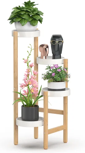 Vista 9 de Estantería de bambú Wisuce para interiores, mesa de 2 niveles de altura para ventana, soporte para múltiples plantas..