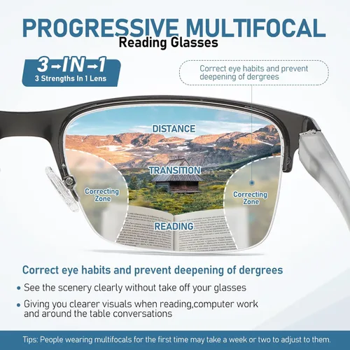 Vista 7 de LKEYE Gafas de lectura multifoco para hombre, sin línea, lector multifocal progresivo, luz azul, marco de metal, lentes trifocales