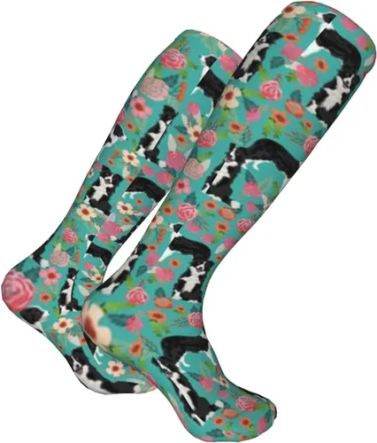 Vista 3 de AOTOSE Border Collie Florals - Calcetines de compresión para mujeres y hombres, 10-20 mmhg, tubo de viaje, medias altas hasta el muslo, medias altas