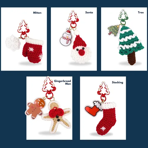 Vista 6 de Needzo Kit de ganchillo de llavero de Navidad, Amigurumi navideño, todos los suministros incluidos, tutoriales en video paso a paso, 5 diseños
