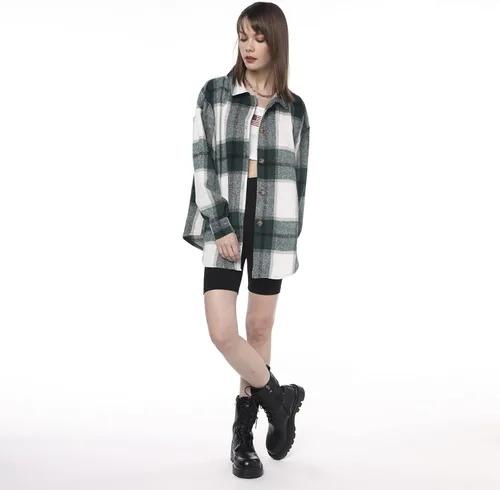 Vista 4 de ZAFUL Camisa de manga larga a cuadros para mujer, mezcla de lana con botonadura, chaqueta fina, blusa casual con bolsillo.