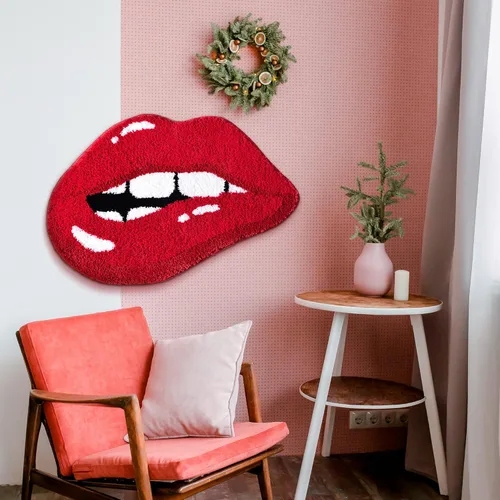 Vista 8 de Panstar Alfombra de baño de labios rojos, bonita y divertida alfombra de baño con forma de labios mordedores, antideslizante, absorbente, alfombra