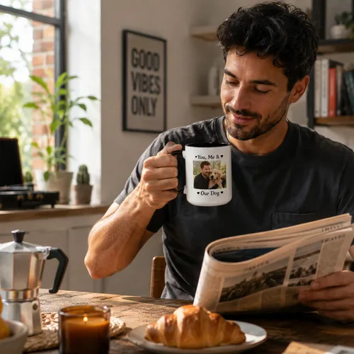 Vista 3 de Tazas de café de cerámica personalizadas de 15 oz con texto personalizado e imagen fotográfica, regalo novedoso, personalizado con diferentes Negro
