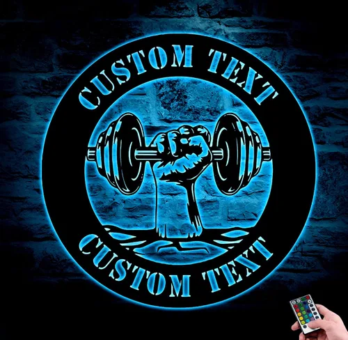 Vista 3 de Letrero de metal personalizado para gimnasio con luces LED, letrero de gimnasio en casa, letrero de club de fitness, letrero de levantamiento