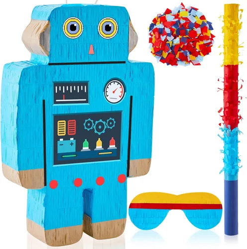 Vista 13 de Lewtemi Piñatas de excavadora para fiesta de cumpleaños con palo, venda para los ojos y confeti, suministros para fiesta de cumpleaños para adultos