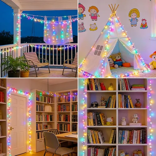 Vista 2 de Guirnalda de 100 luces LED de Pascua de 33 pies enchufables, multicolor pastel, 16 modos de luces parpadeantes, guirnalda de luces impermeables