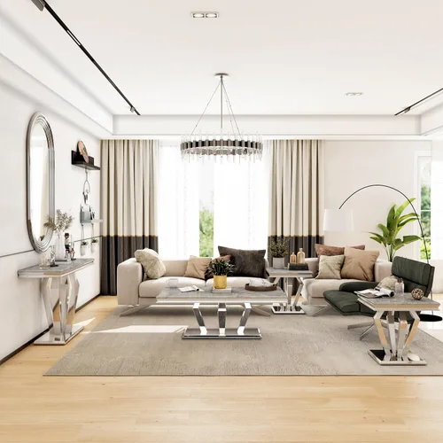 Vista 3 de ACEDÉCOR Mesa auxiliar cuadrada de 22 pulgadas, mesa auxiliar plateada con elegante parte superior de mármol sintético y base en forma de diamante