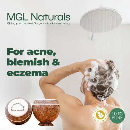 Vista 4 de MGL Naturals Jabón negro africano crudo en olla de coco Premium y orgánico Limpieza profunda facial y corporal. Para acné, eccema y manchas