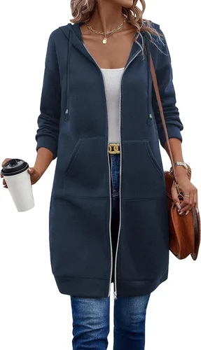 Vista 2 de Elesol Sudadera larga con capucha, para mujer, sudadera tipo túnica de vellón, chaqueta con cremallera, informal, S-XXXL