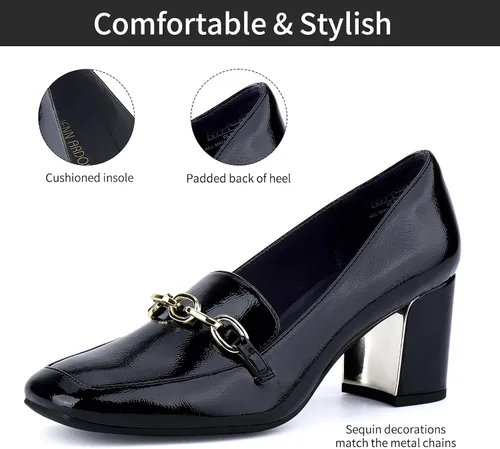 Vista 2 de JENN ARDOR Mocasines de tacón para mujer con punta cuadrada y tacón grueso, mocasines con cadena