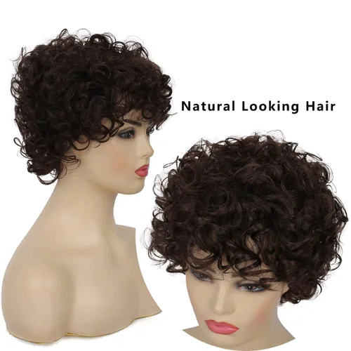 Vista 4 de Pelucas cortas y rizadas marrones para mujer, aspecto natural, peluca de pelo sintético marrón para cosplay