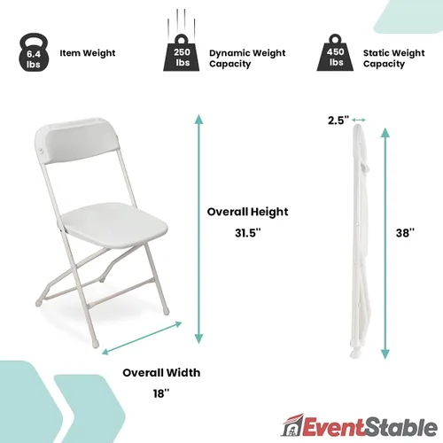 Vista 3 de EventStable TitanPRO Silla plegable de plástico blanco, silla plegable ligera para exteriores, sillas de patio duraderas, juego de sillas