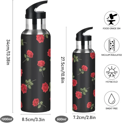 Vista 2 de Red Roses Green Leaves Black Insulated Water Bottle 20 Oz Leakproof Water Bottles, BPA-Free Sports Water Bottle with Straw