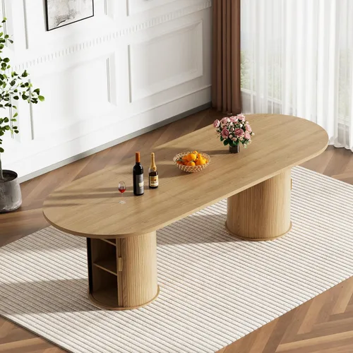 Vista 7 de Mesa de comedor extensible de madera de 63 a 94 pulgadas para 6-8-10 personas, mesa de cocina ovalada expandible con base de gabinete acanalada Mesa
