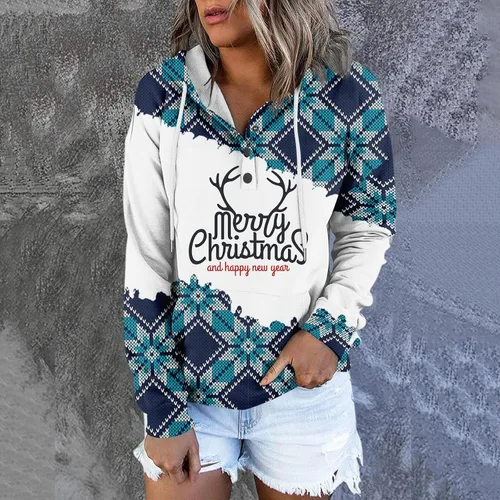 Vista 2 de Sudadera de gran tamaño para mujer, sudadera con capucha y bolsillo de retazos de Navidad con estampado de Navidad