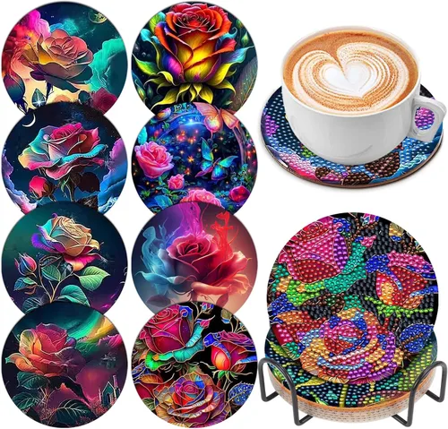 Vista 13 de Juego de 8 posavasos de arte de diamante para adultos con soporte de almohadillas de corcho, paisaje abstracto de bricolaje, arte de diamantes
