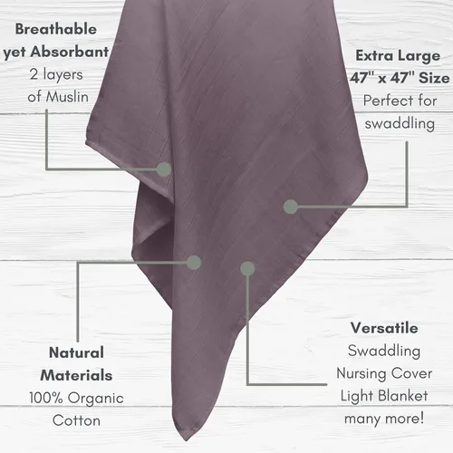 Vista 2 de MOZAH Mantas de muselina orgánica, 100 % algodón para niñas y niños, manta receptora, paquete de 2 mantas para envolver al bebé para guardería Malva
