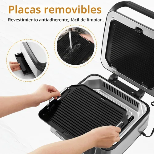 Vista 6 de Sandwichera eléctrica Panini Press, parrilla interior sin humo de 1300 W con placas antiadherentes extraíbles, elevación automática, ventilador