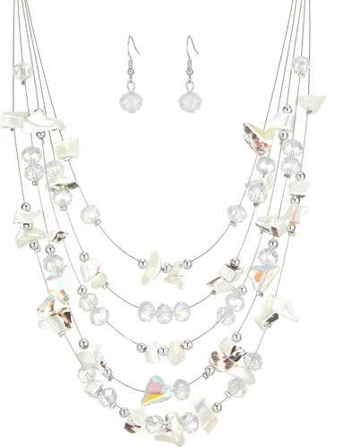 Vista 22 de Collar de cuentas de concha bohemia de varias capas para mujer, hebra de cristal colorida con cuentas plateadas, collares y aretes, disfraces