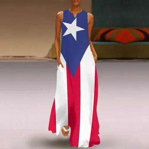 Vista 2 de Vestido largo con bandera de Puerto Rico para mujer, vestido suelto casual de verano, vestido largo de manga corta para niñas, faldas de moda