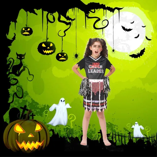 Vista 6 de AGCary Disfraz de líder muerto de Halloween para niñas disfraz de zombi de animadora de líder del miedo para fiesta de Halloween pompones y cosplay