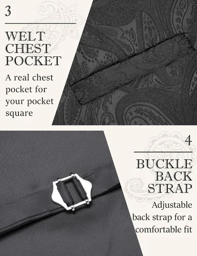 Vista 4 de COOFANDY Conjunto de chaleco de Navidad para hombre, 3 piezas, chaleco jacquard de cachemira y corbata cuadrada de bolsillo para fiesta