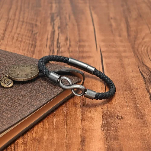 Vista 3 de Para mi hombre, pulsera de cuero personalizada de nombre dual infinito, pulsera trenzada de acero inoxidable personalizada con nombre para hombres