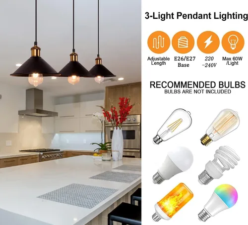Vista 3 de FIRVRE Lámpara colgante industrial de 3 luces, lámpara colgante de metal ajustable, iluminación colgante vintage para cocina, restaurante, comedor