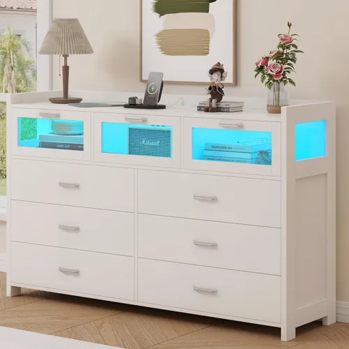 Vista 9 de Whalefall Cómoda blanca para dormitorio con 9 cajones, cómoda con luces LED y estación de carga, cómoda moderna con 3 cajones visuales, cómoda LED