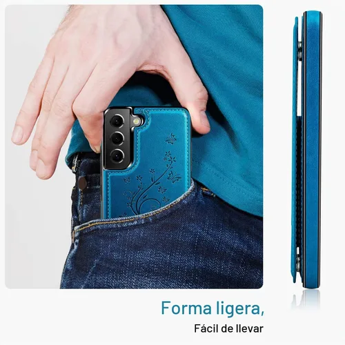 Vista 6 de Korecase - Funda tipo cartera para Samsung Galaxy S23 con tarjetero y tarjetero de piel sintética, diseño de mariposas y flores, color azul