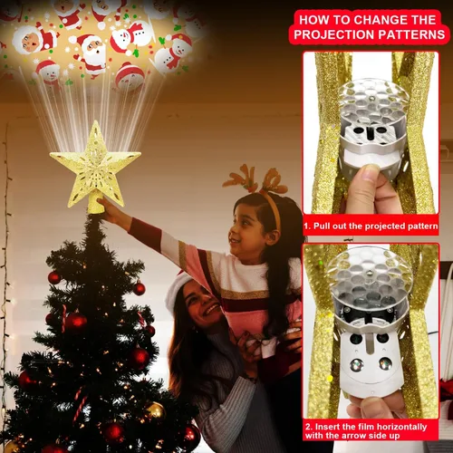 Vista 5 de Estrella para la punta del árbol de Navidad de 10 pulgadas iluminada con 6 modos de proyección, estrella iluminada para la punta del árbol