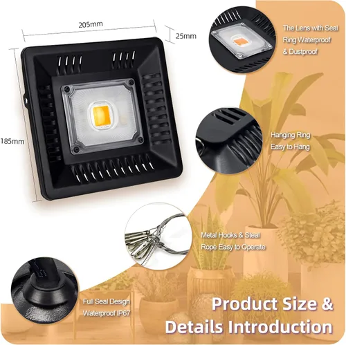 Vista 5 de Luz LED de crecimiento impermeable de 100 W de espectro completo, luz LED COB blanca de 3500 K, disipación de calor natural sin ruido, adecuada