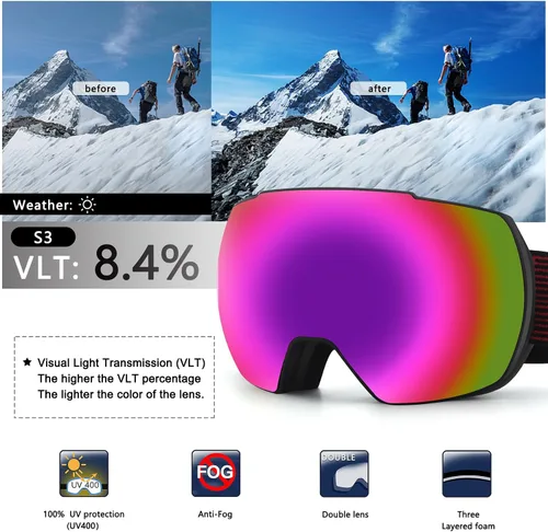 Vista 4 de OULAIQI Gafas de esquí de nieve, protección OTG UV400, anti niebla, esquí, patinaje, snowboard, gafas de snowboard para hombres, mujeres y jóvenes