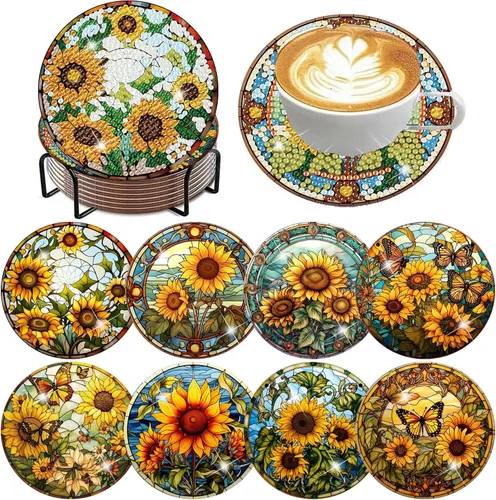 Vista 11 de ijbnhd 8 posavasos de pintura de diamantes de animales, posavasos de arte de diamantes con soporte para principiantes y adultos, suministros