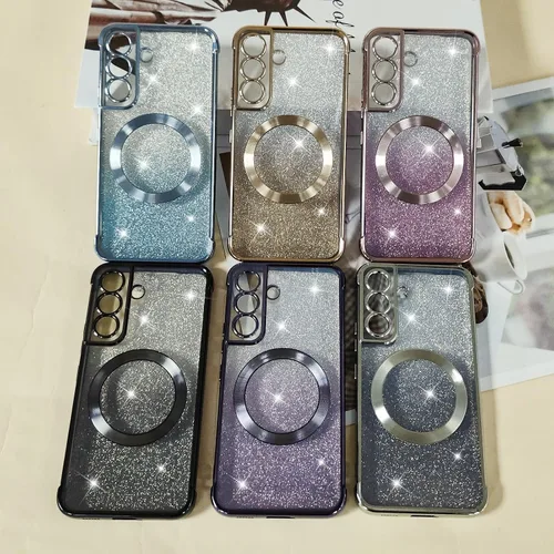 Vista 7 de Funda magnética con purpurina para Samsung Galaxy S21 Fe, funda de lujo de protección completa con protector de lente de cámara, antiarañazos, a