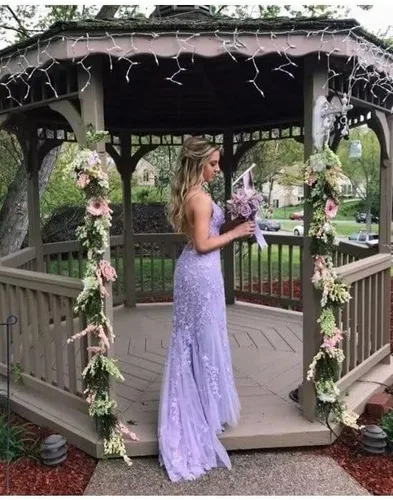 Vista 6 de Vestidos de fiesta de sirena con apliques de encaje, tirantes delgados, vestidos formales de tul, vestidos de noche ajustados para mujer